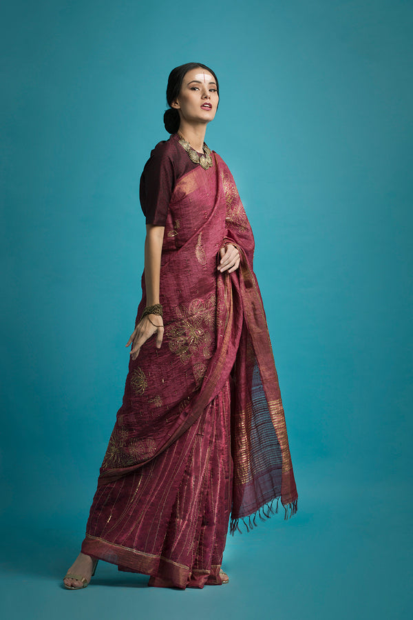 Padmaja - Handwoven Embroidered Tussar Silk Saree - sakshamneharicka.com