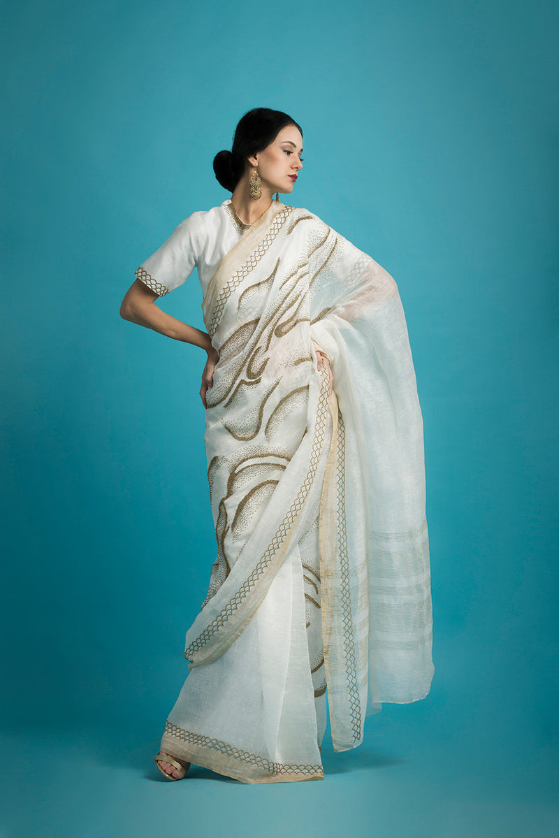 Vaayu - Embroidered Linen Silk Saree in White - sakshamneharicka.com
