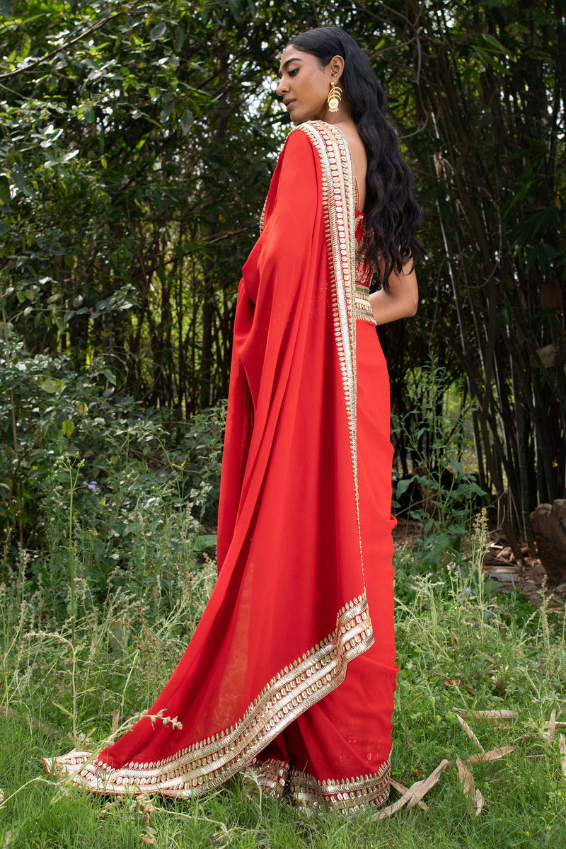 Ideal Embroidered Red Georgette Saree