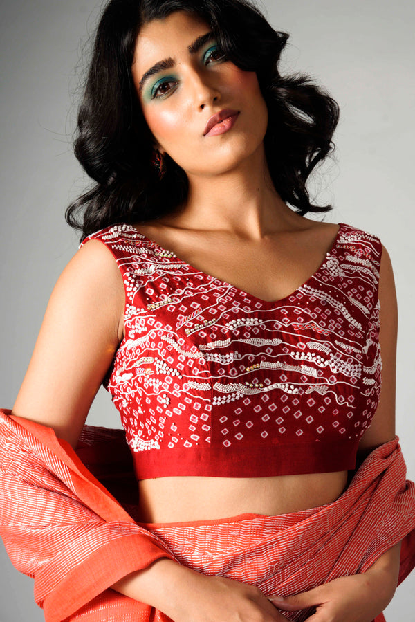 Red Bandhani and Embroidered blouse