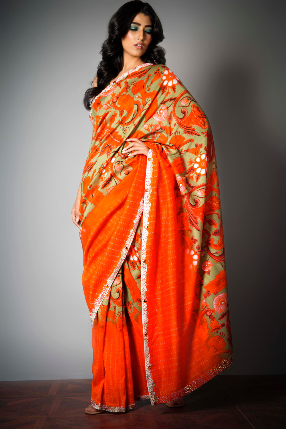 Red/Olive Spice Garden - Saree