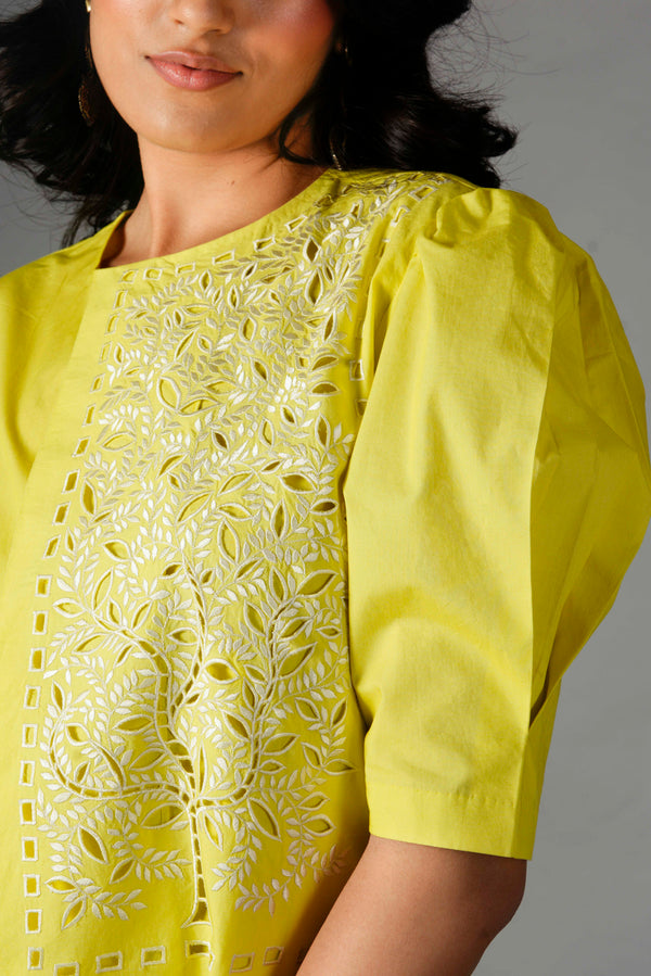 Yellow cutwork A-symmetrical Dress