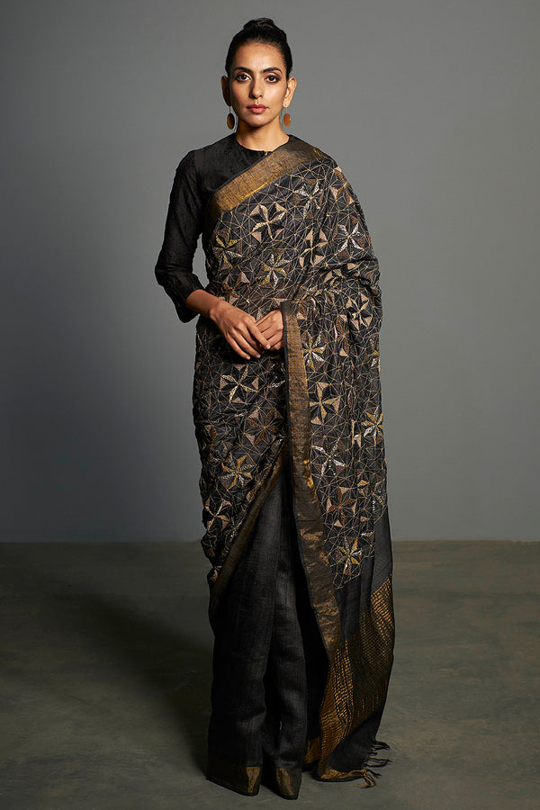 Black Handwoven & Hand Embroidered Tussar Silk Saree - sakshamneharicka.com