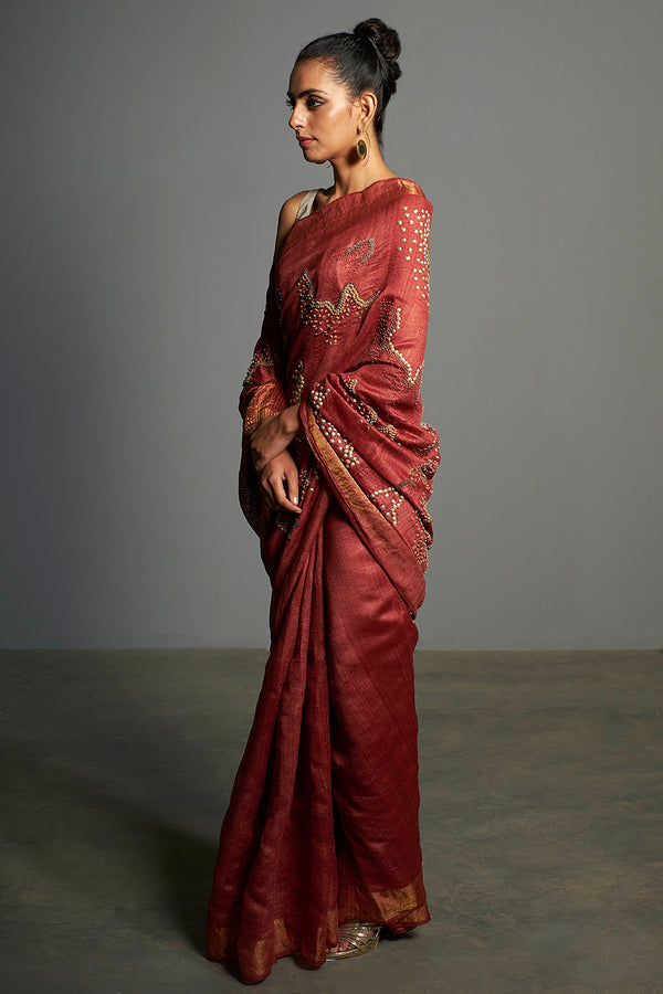 Red Handwoven and Embroidered Tasar Silk Saree - sakshamneharicka.com