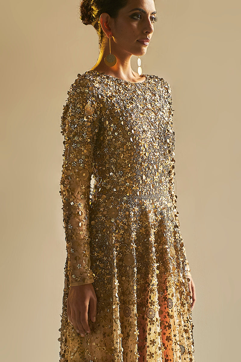 Gold Embroidered Tulle Gown - sakshamneharicka.com