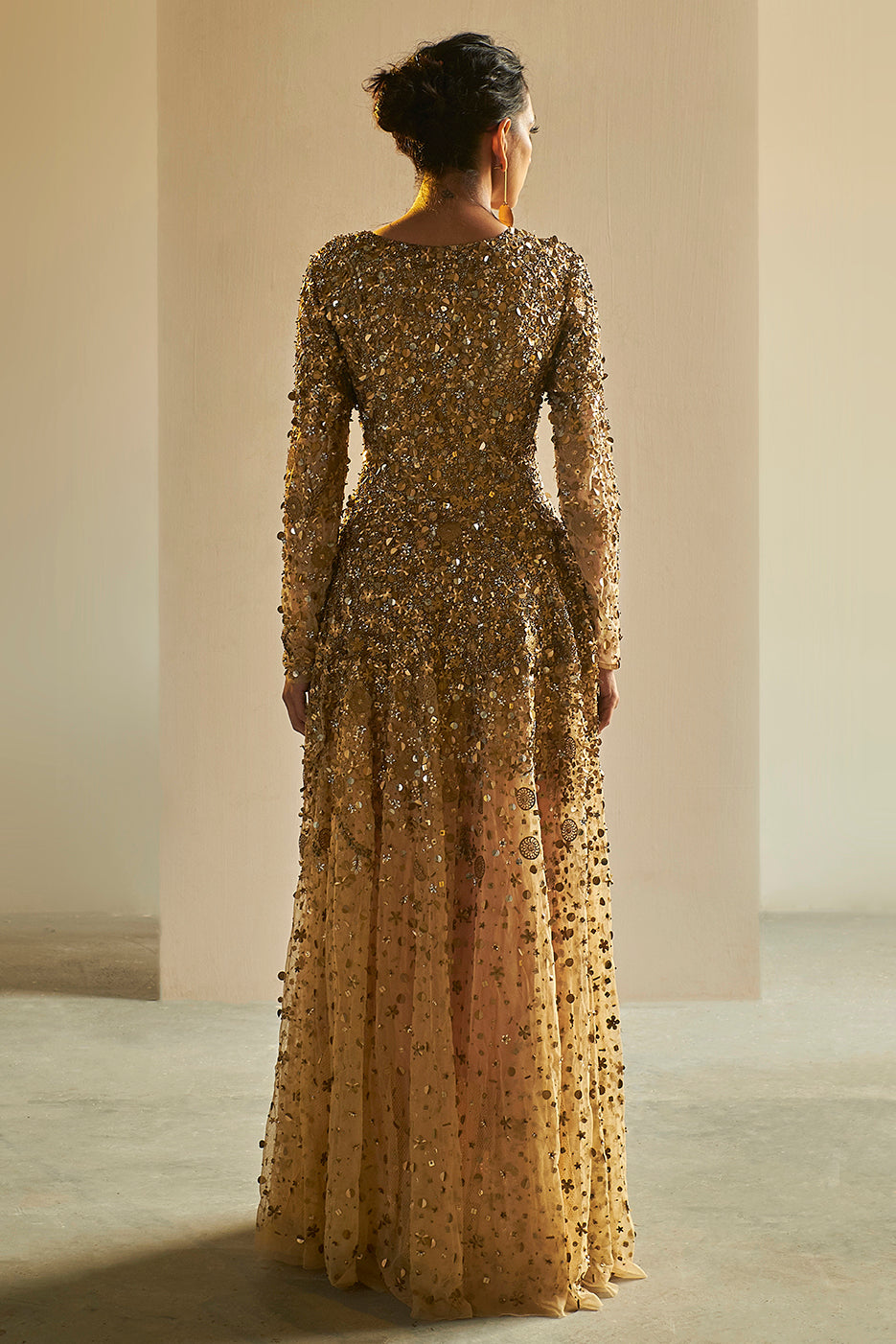 Gold Embroidered Tulle Gown - sakshamneharicka.com