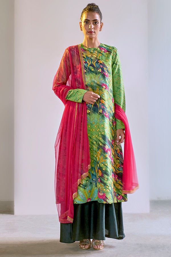 Green Printed & Embroidered Sharara Set in Shimmer Cotton Silk - sakshamneharicka.com