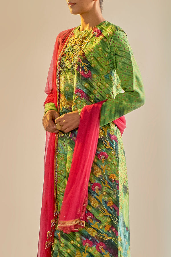 Green Printed & Embroidered Sharara Set in Shimmer Cotton Silk - sakshamneharicka.com